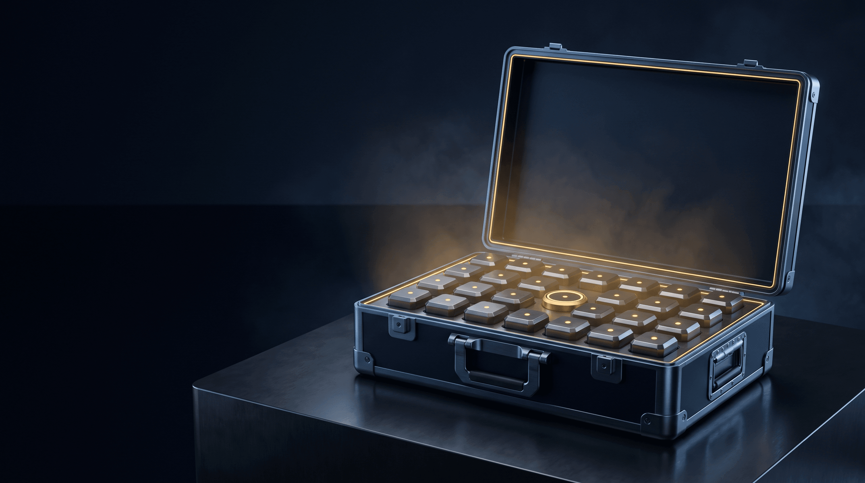 A machined navy charter case, open, revealing ranks of gold-lit persona modules around a central command core.